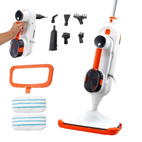 Steam Mop, 8-in-1 Hard Wood Floor Cleaner with 7 Replaceable Brush Heads, for Various Hard Floors, Like Ceramic, Granite, Marble, Linoleum, Natural Floor Mop with 2 pcs Machine Washable Pads
