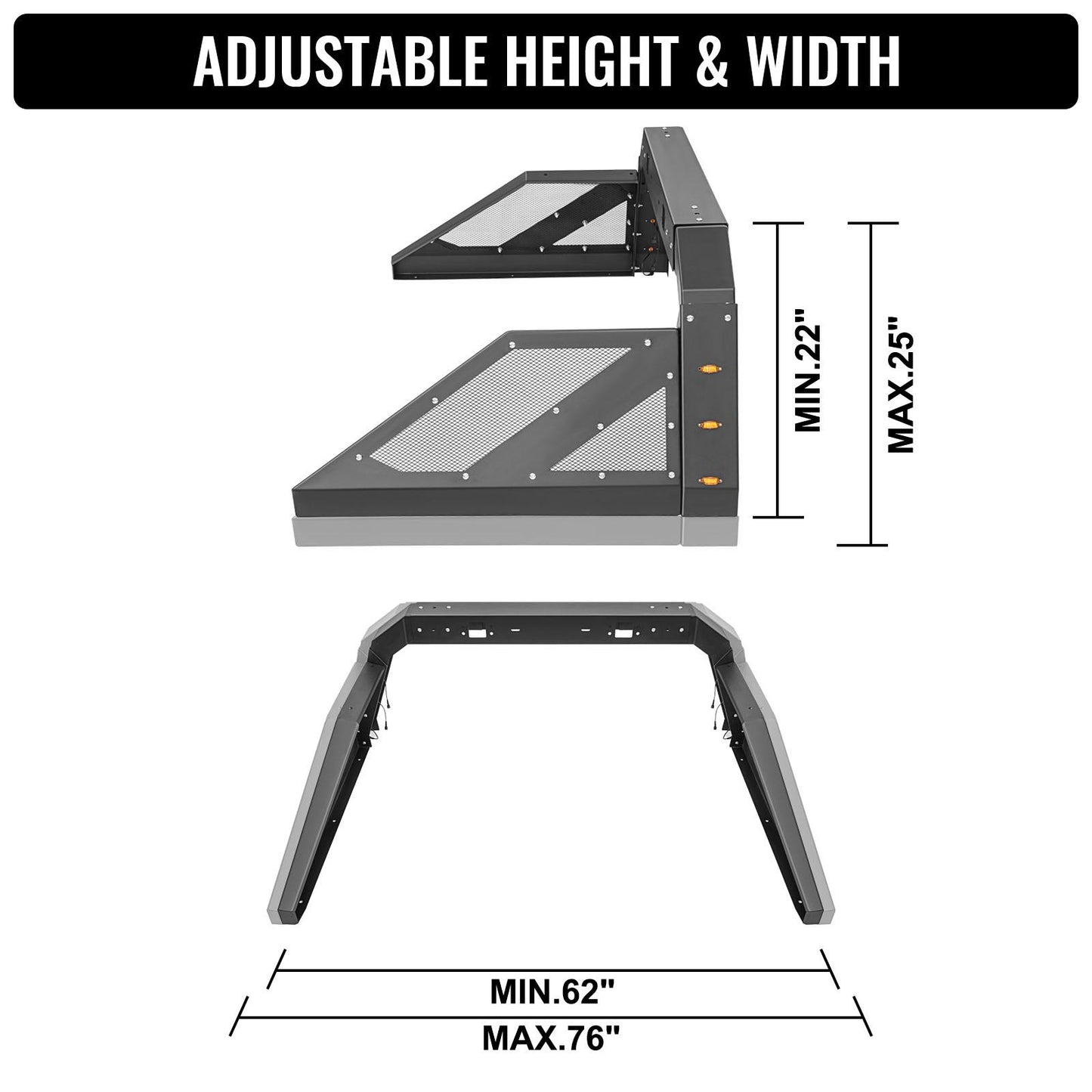 Truck Roll Bar Chase Rack Adjustable with 6 Amber Auxiliary Side Marker Lamps, Universal Fit for Pickup Trucks