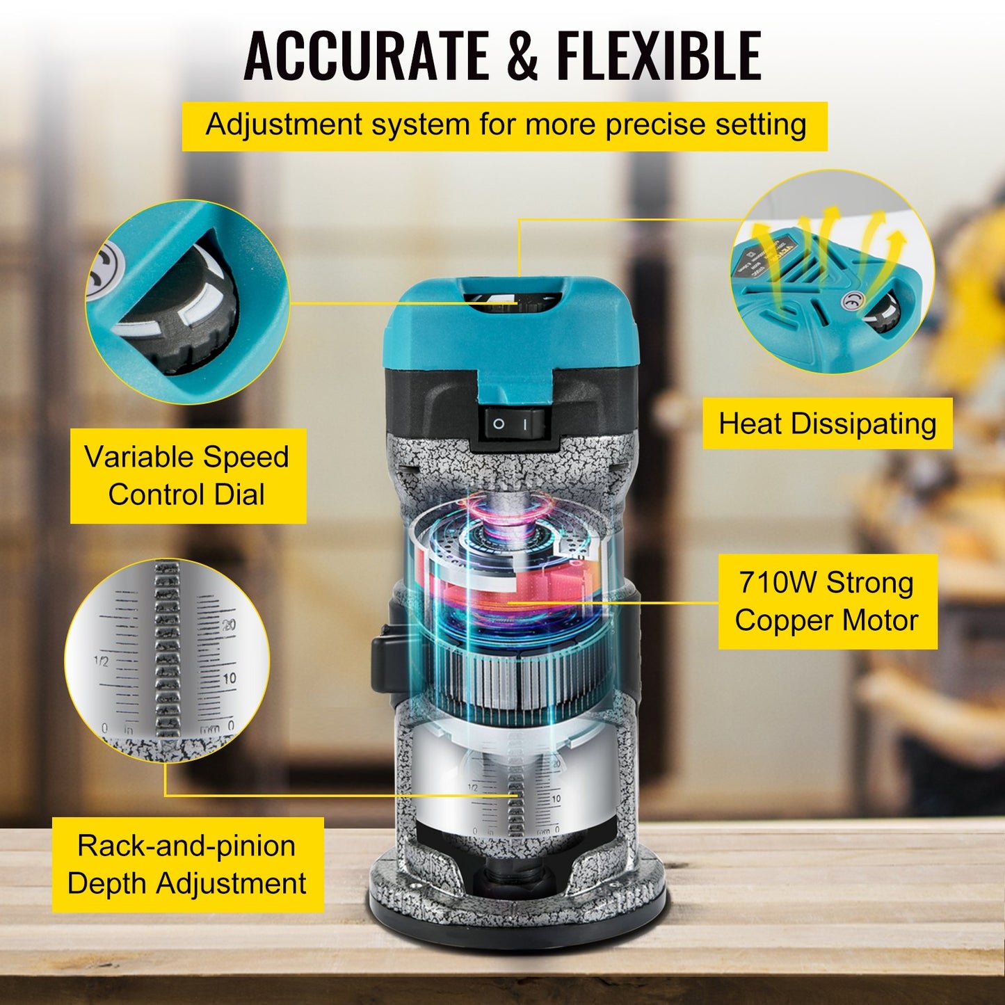 Överfräsverktyg, 710W träöverfräs, överfräs för träbearbetning med 3 fräshylsor, träöverfräsverktyg med fast & nedsänknings- & tiltbas, träbearbetningsfräs med aluminiumskal & 13000-33000 r/min rotationshastighet