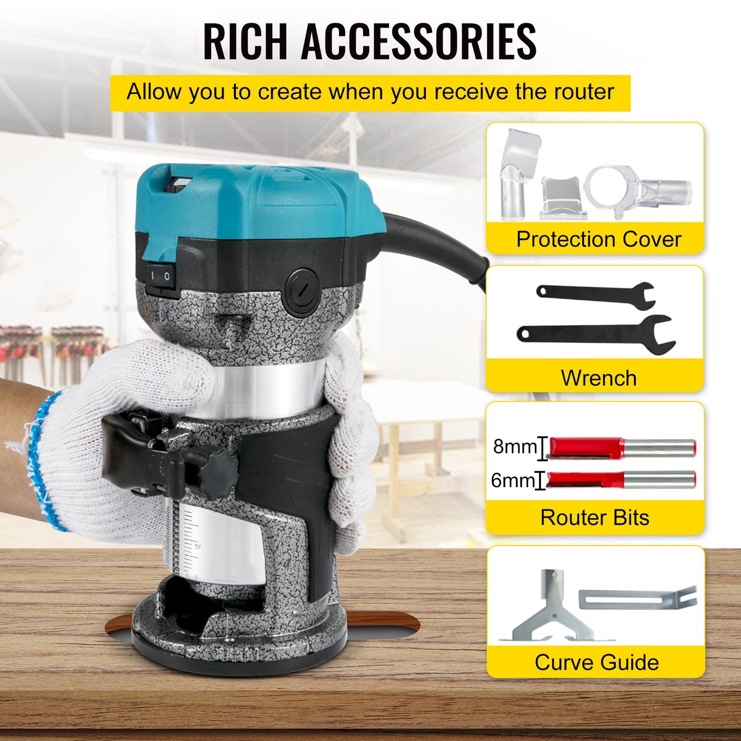 Fräswerkzeug, 710-W-Holzfräser, Fräser für die Holzbearbeitung mit 3 Fräshülsen, Holzfräserwerkzeug mit fester &amp; Tauch- &amp; Neigungs- &amp; Versatzbasis, Holzbearbeitungsfräser mit Aluminiumgehäuse &amp; variabler Rotationsgeschwindigkeit