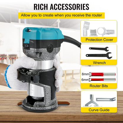 Fräswerkzeug, 710-W-Holzfräser, Fräser für die Holzbearbeitung mit 3 Fräshülsen, Holzfräserwerkzeug mit fester &amp; Tauch- &amp; Neigungs- &amp; Versatzbasis, Holzbearbeitungsfräser mit Aluminiumgehäuse &amp; variabler Rotationsgeschwindigkeit