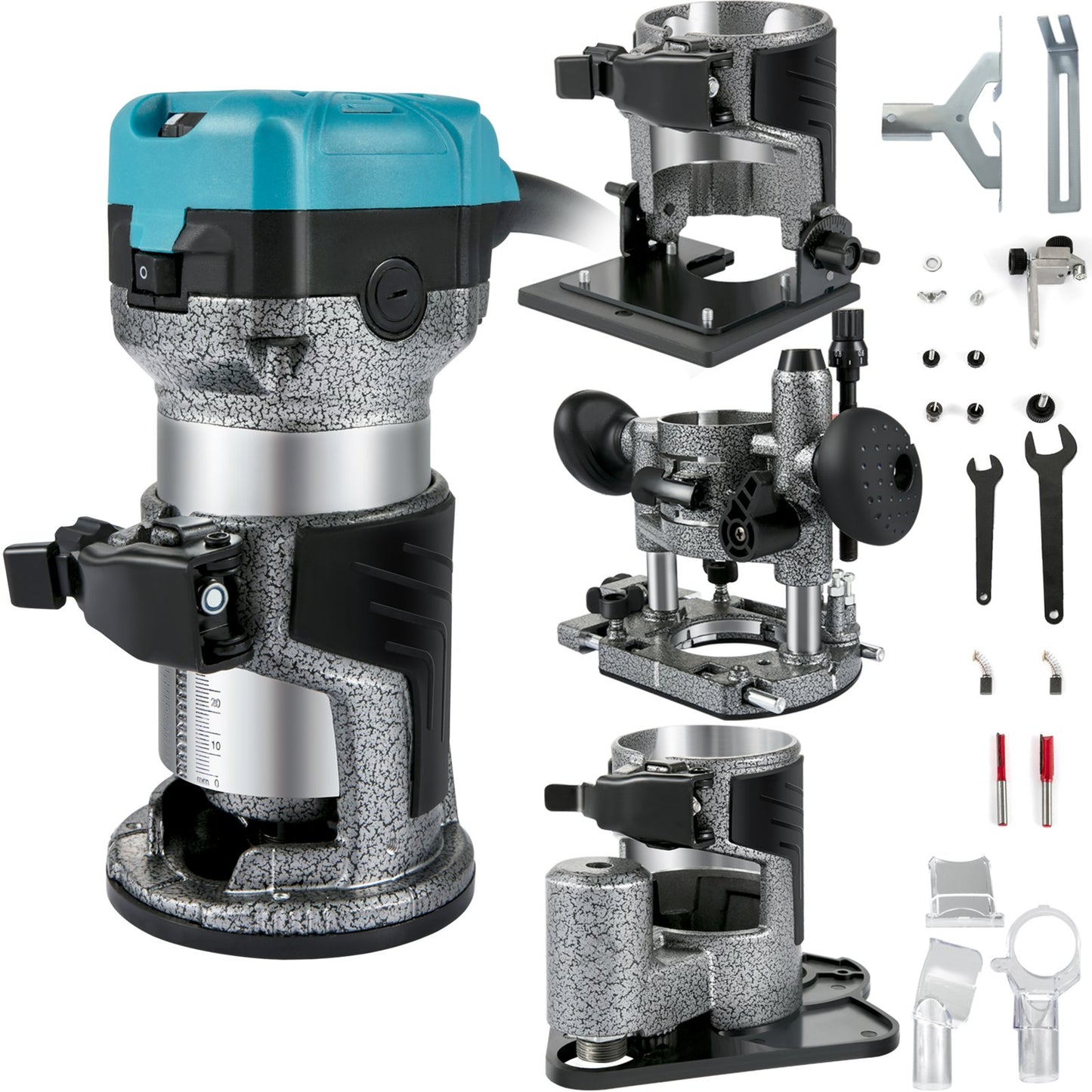 Fräswerkzeug, 710-W-Holzfräser, Fräser für die Holzbearbeitung mit 3 Fräshülsen, Holzfräserwerkzeug mit fester &amp; Tauch- &amp; Neigungs- &amp; Versatzbasis, Holzbearbeitungsfräser mit Aluminiumgehäuse &amp; variabler Rotationsgeschwindigkeit