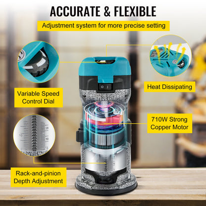 Oberfräse, 710W Oberfräse, Oberfräse für Holzbearbeitung mit drei Fräshülsen, Holzfräse mit fester Basis, Oberfräse für Holzbearbeitung mit Aluminiumgehäuse und 13000 - 33000 U/min Drehzahl