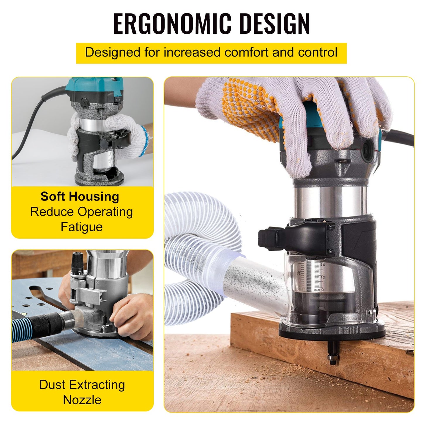 Oberfräse, 710W Oberfräse, Oberfräse für Holzbearbeitung mit drei Fräshülsen, Holzfräse mit fester Basis, Oberfräse für Holzbearbeitung mit Aluminiumgehäuse und 13000 - 33000 U/min Drehzahl