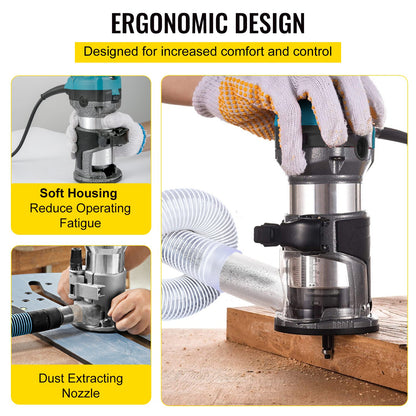 Oberfräse, 710W Oberfräse, Oberfräse für Holzbearbeitung mit drei Fräshülsen, Holzfräse mit fester Basis, Oberfräse für Holzbearbeitung mit Aluminiumgehäuse und 13000 - 33000 U/min Drehzahl