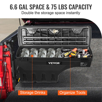 Truck Bed Storage Box, Lockable Swing Case with Password Padlock, 6.6 Gal/25 L ABS Wheel Well Tool Box, Waterproof and Durable, Compatible with Ford F-150 2015-2021, Drivers Side(Left)