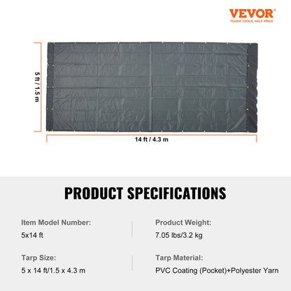 Dump Truck Mesh Tarp, 5 x 14 ft., PVC Coated Black, Heavy Duty Cover with 5.5" 18 oz Double Pocket, Brass Grommets, Reinforced Double Needle Stitch Fabric Fits Manual or Electric Dumper System