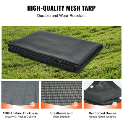 Dump Truck Mesh Tarp, 7 x 14 ft., PVC Coated Black, Heavy Duty Cover with 5.5" 18 oz Double Pocket, Brass Grommets, Reinforced Double Needle Stitch Fabric Fits Manual or Electric Dumper System