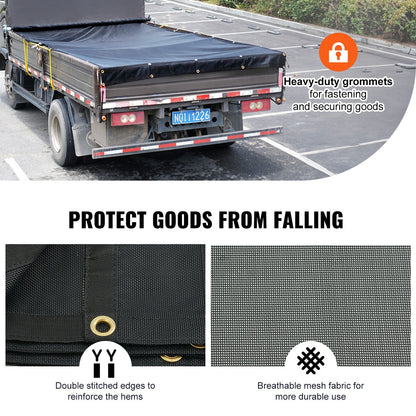 Dump Truck Mesh Tarp, 7 x 14 ft., PVC Coated Black, Heavy Duty Cover with 5.5" 18 oz Double Pocket, Brass Grommets, Reinforced Double Needle Stitch Fabric Fits Manual or Electric Dumper System
