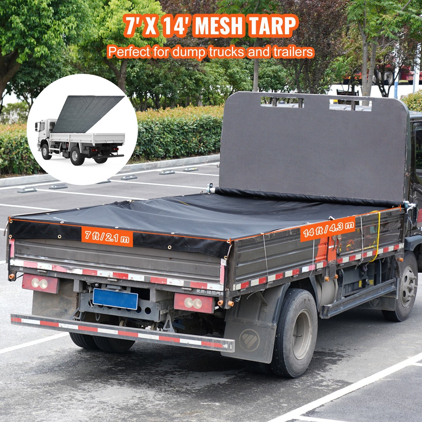 Dump Truck Mesh Tarp, 7 x 14 ft., PVC Coated Black, Heavy Duty Cover with 5.5" 18 oz Double Pocket, Brass Grommets, Reinforced Double Needle Stitch Fabric Fits Manual or Electric Dumper System