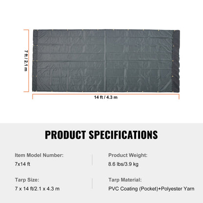 Dump Truck Mesh Tarp, 7 x 14 ft., PVC Coated Black, Heavy Duty Cover with 5.5" 18 oz Double Pocket, Brass Grommets, Reinforced Double Needle Stitch Fabric Fits Manual or Electric Dumper System