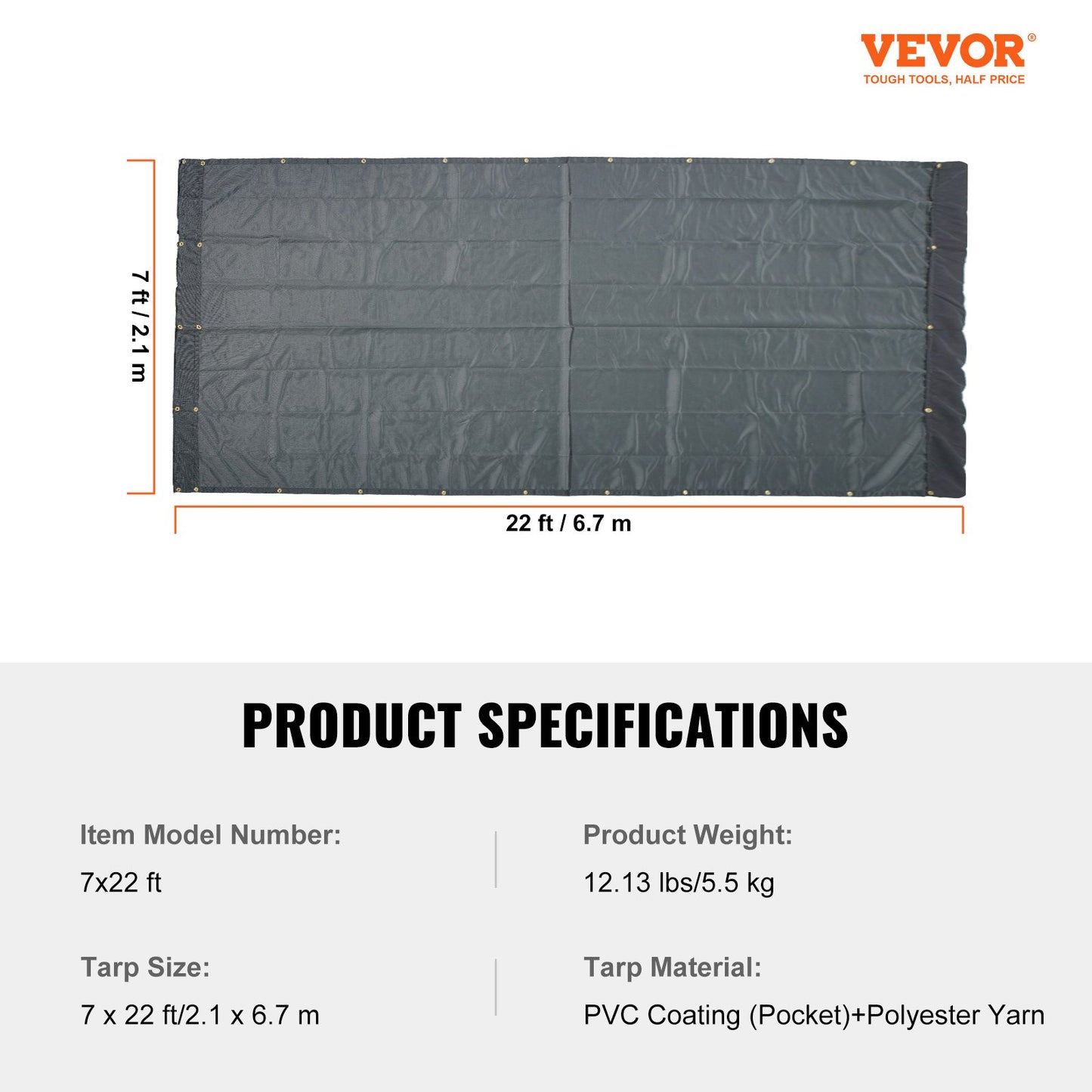 Dump Truck Mesh Tarp, 7 x 22 ft., PVC Coated Black Heavy Duty Cover with 5.5" 18 oz Double Pocket, Brass Grommets, Reinforced Double Needle Stitch Fabric Fits Manual or Electric Dumper System