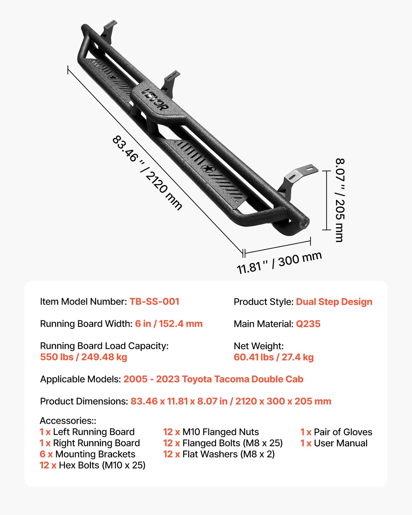 Running Boards, 6 Inches Side Steps Compatible with 2005-2023 Toyota Tacoma Double Cab, Black Carbon Steel Nerf Bars, 550 lbs Load Capacity, Wide Non-Slip Hollow Surface with Rustproof Coating