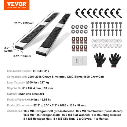 Running Boards, 6" Step Bars Compatible with 2007-2018 Chevy Silverado/GMC Sierra 1500 Crew Cab/2019 2500HD 3500HD 1500 LD, 201 Stainless Steel Side Steps Nerf Bars, 500LBS Capacity, 2 Piece