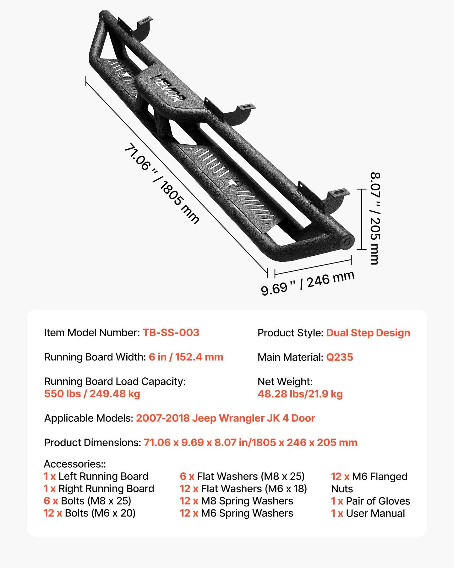 Running Boards, 6 Inches Side Steps Compatible with 2007-2018 Jeep Wrangler JK 4 Door, Black Carbon Steel Nerf Bars, 550 lbs Load Capacity, Wide Non-Slip Hollow Surface with Rustproof Coating
