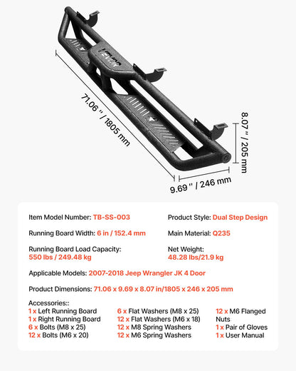 Running Boards, 6 Inches Side Steps Compatible with 2007-2018 Jeep Wrangler JK 4 Door, Black Carbon Steel Nerf Bars, 550 lbs Load Capacity, Wide Non-Slip Hollow Surface with Rustproof Coating