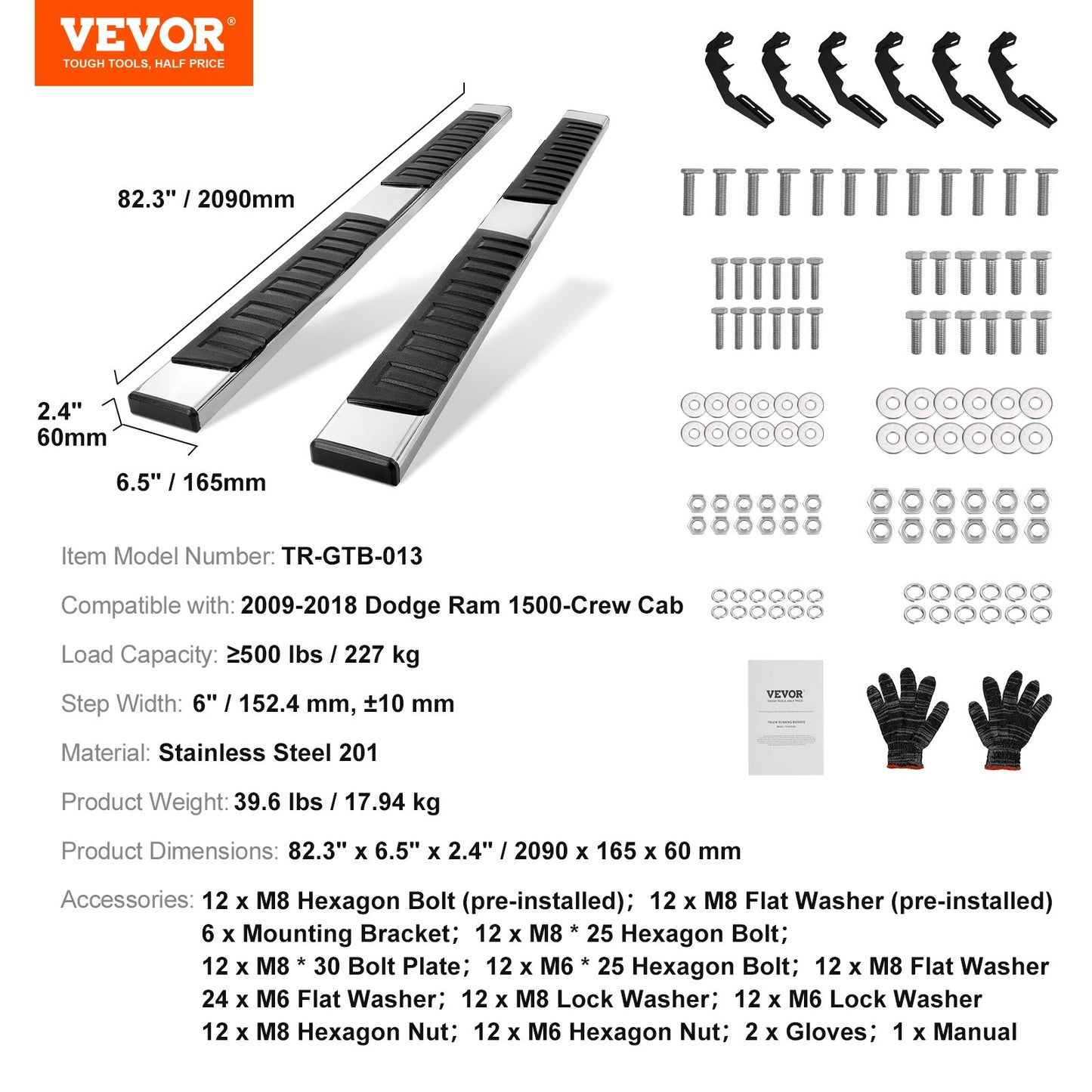 Running Boards, 6" Step Bars Compatible with 2009-2018 Dodge Ram 1500/2010-2023 Ram 2500/3500 (Includes 2019-2023 Classic) Crew Cab, 201 Stainless Steel Side Steps Nerf Bars, 500LBS, 2 PCS