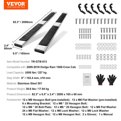 Running Boards, 6" Step Bars Compatible with 2009-2018 Dodge Ram 1500/2010-2023 Ram 2500/3500 (Includes 2019-2023 Classic) Crew Cab, 201 Stainless Steel Side Steps Nerf Bars, 500LBS, 2 PCS