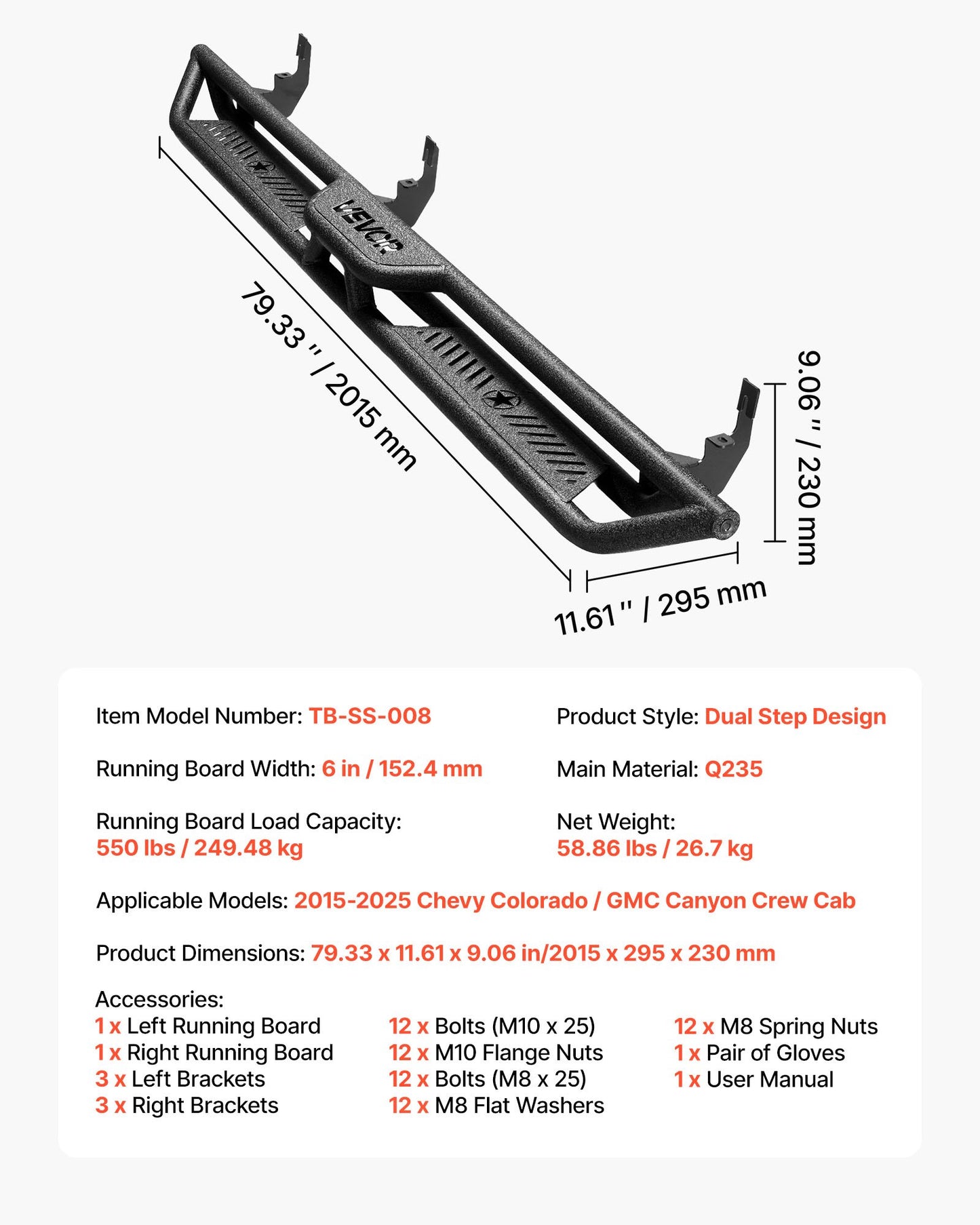 Running Boards, 6 Inches Side Steps Compatible with 2015-2025 Chevy Colorado/GMC Canyon Crew Cab, Black Carbon Steel Nerf Bars, 550 lbs Load Capacity, Non-Slip Hollow Surface Rustproof Coating