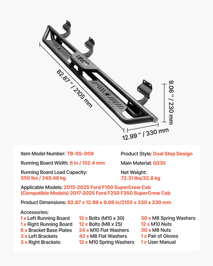 Running Boards, 6 Inches Side Steps Compatible with 2015-2025 Ford F150 SuperCrew Cab, 2017-2025 Ford F150 SuperCrew Cab, Black Carbon Steel Nerf Bars, 550 lbs Load Capacity, Non-Slip Surface