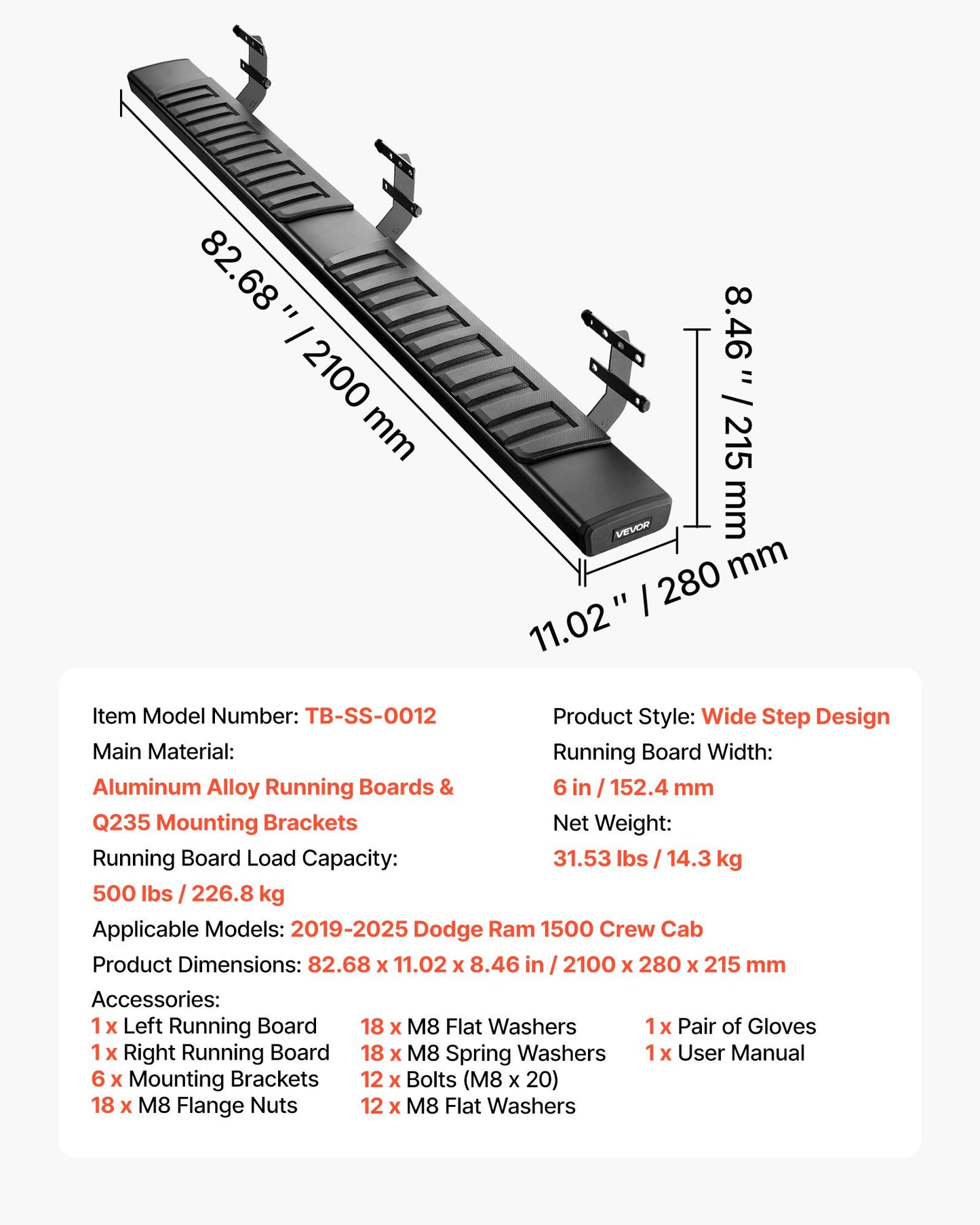 Running Boards, 6 Inches Side Steps Compatible with 2019-2025 Dodge Ram 1500 Crew Cab(Not Fit 2019-2025 1500 Classic), Black Aluminum Alloy Nerf Bars, 500 lbs Load Capacity, Non-Slip Textured Surface with Rustproof Coating