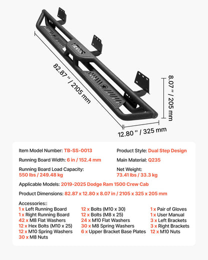 Running Boards, 6 Inches Side Steps Compatible with 2019-2025 Dodge Ram 1500 Crew Cab(Not Fit 2019-2025 1500 Classic), Black Carbon Steel Nerf Bars, 550 lbs Load Capacity, Wide Non-Slip Hollow Surface with Rustproof Coating