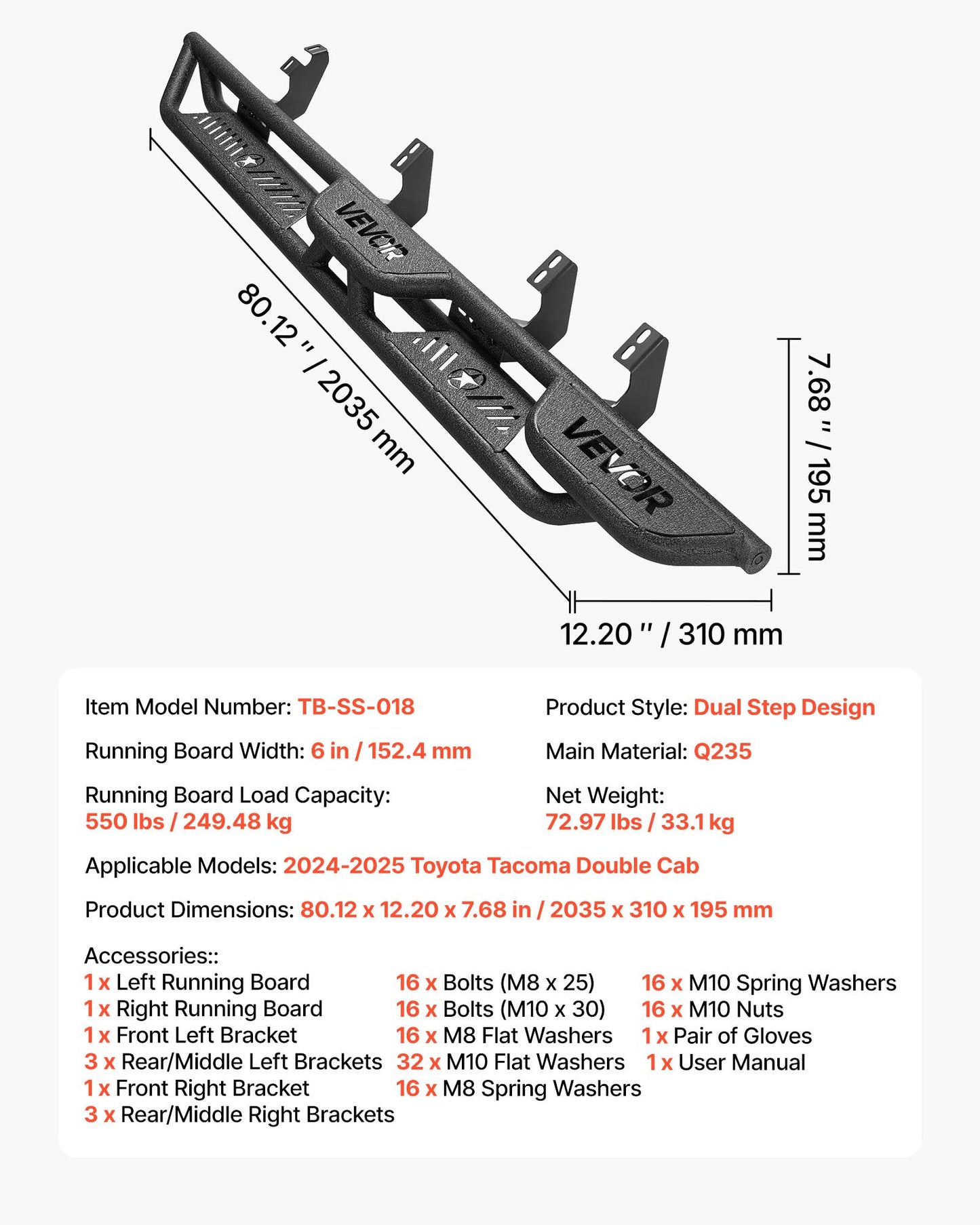 Running Boards, 6 Inches Side Steps Compatible with 2024-2025 Toyota Tacoma Double Cab, Black Carbon Steel Nerf Bars, 550 lbs Load Capacity, Wide Non-Slip Hollow Surface with Rustproof Coating