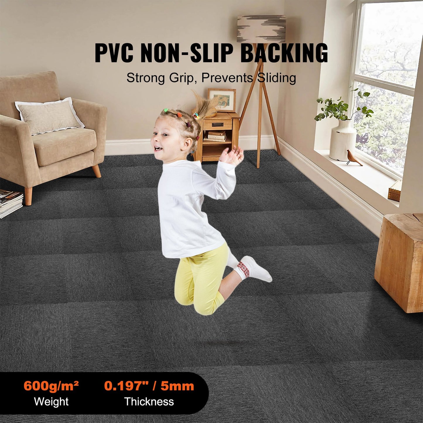 Wiederverwendbare Teppichfliesen, 50,8 x 50,8 cm, mit angebrachter Polsterung, weich gepolsterte Teppichfliesen, einfache DIY-Installation für Schlafzimmer, Wohnzimmer, drinnen und draußen (20 Fliesen, dunkelgrau)