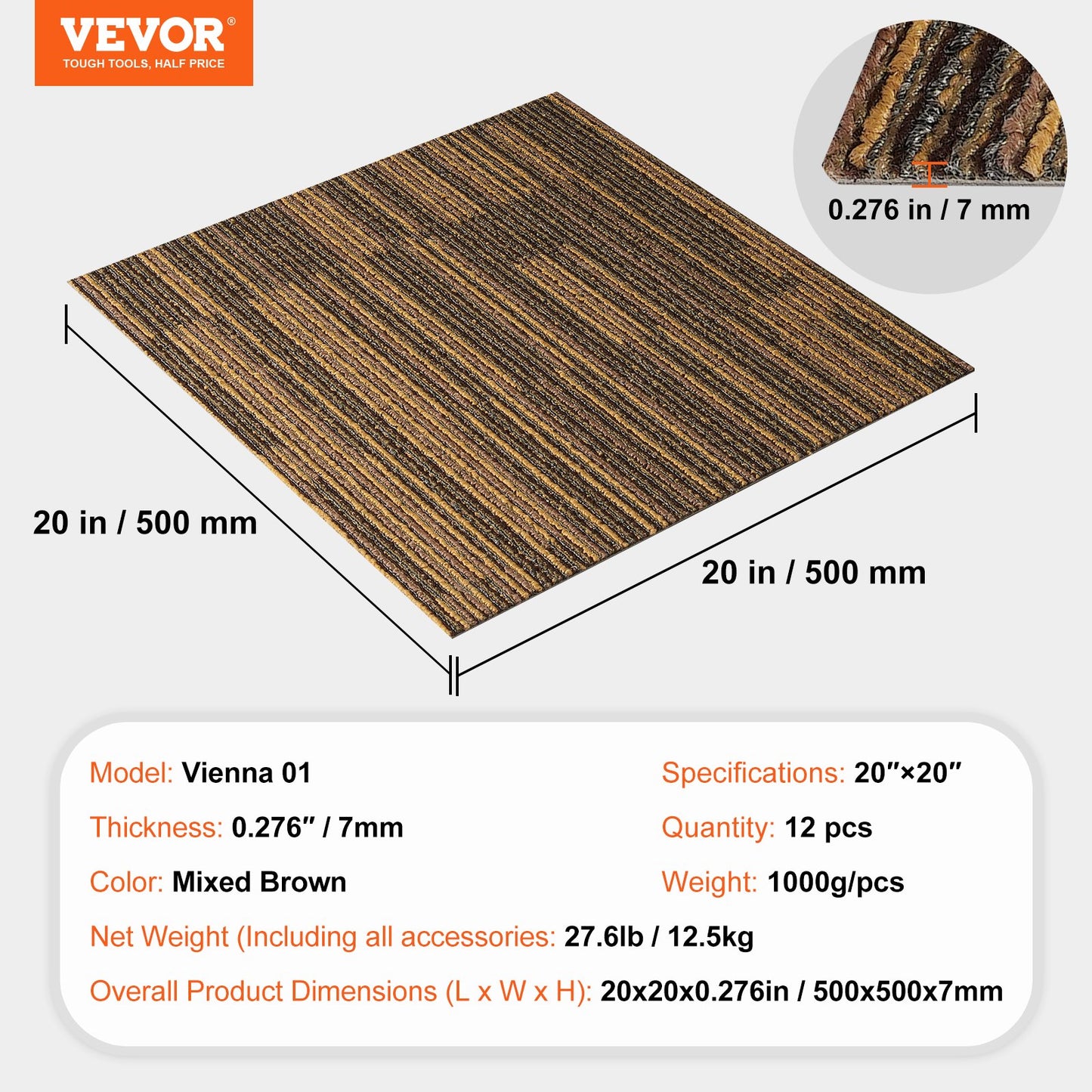 Carpet Tiles Reusable, 20"x 20"Carpet Squares With Padding Attached, Soft Padded Carpet Tiles, Easy Install DIY for Bedroom Living Room (12Tiles, Mixed Brown)