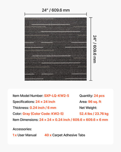 Carpet Tiles Reusable 24x24 inch, 24 PCS Modular Carpet Square Rug, Commercial Floor Soft Padded for Seamless Cover 96sq.ft, Easy DIY Replacement for Living Room Bedroom Office Indoor,Gray
