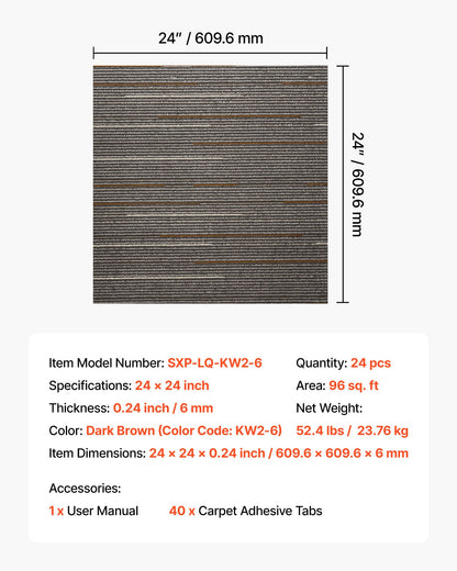 Carpet Tiles Reusable 24x24 inch, 24 PCS Modular Carpet Square Rug, Commercial Floor Soft Padded for Seamless Cover 96sq.ft, Easy DIY for Living Room Bedroom Office Indoor,Dark Brown