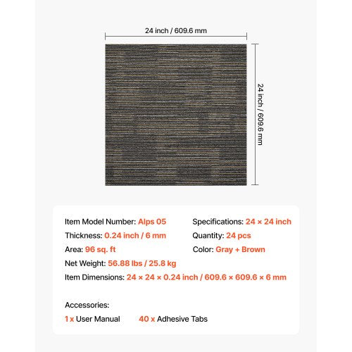 Mattplattor Återanvändbara 610x610 mm, 24 ST Modulär Matta Fyrkantig Matta, Kommersiell Golv Mjuk Vaddering För Sömlöst Överdrag 8,9㎡, Enkelt Gör-det-själv-Ersättning För Vardagsrum Sovrum Inomhus, Grå & Brun |  EU