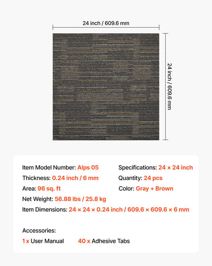 Carpet Tiles Reusable 24x24 inch, 24 PCS Modular Carpet Square Rug, Commercial Floor Soft Padded for Seamless Cover 96sq.ft², Easy DIY for Living Room Bedroom Office Indoor,Gray & Brown