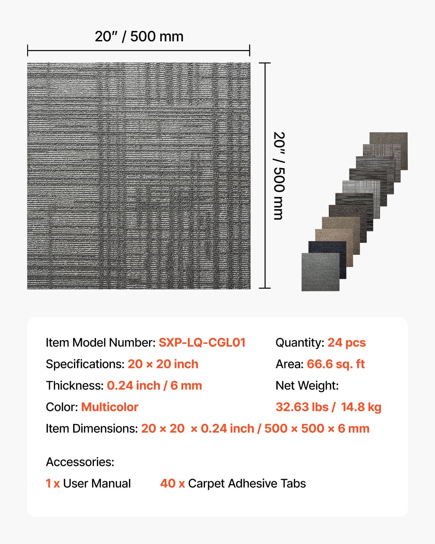 Carpet Tiles Reusable 20x20 inch, 24 PCS Modular Carpet Square Rug, Commercial Floor Soft Padded for Seamless Cover 66.6sq.ft, Easy DIY Replacement for Living Room Bedroom Indoor,Multicolor