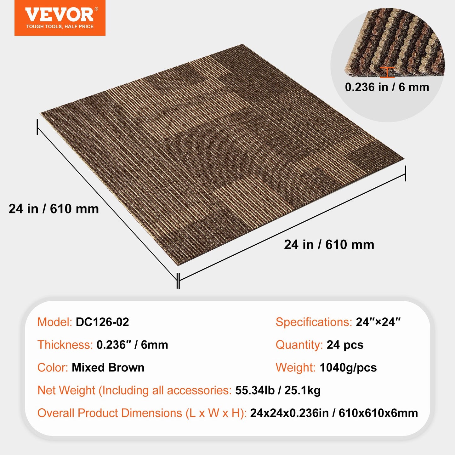 Carpet Tiles Reusable, 24"x 24"Carpet Squares With Padding Attached, Soft Padded Carpet Tiles, Easy Install DIY for Bedroom Living Room (24Tiles, Mixed Brown)