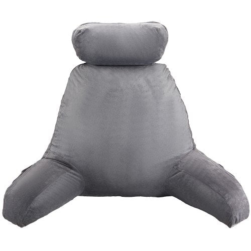 Reading Pillow, Large Bed Pillow with Removable Headrest, Back Pillow with 3 Pockets, Shredded Memory Foam and Washable Short Velvet Cloth, Side with Handles for Reading, Gaming, Resting, Grey