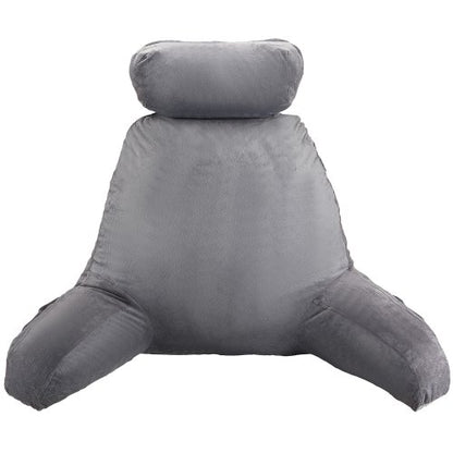 Reading Pillow, Large Bed Pillow with Removable Headrest, Back Pillow with 3 Pockets, Shredded Memory Foam and Washable Short Velvet Cloth, Side with Handles for Reading, Gaming, Resting, Grey