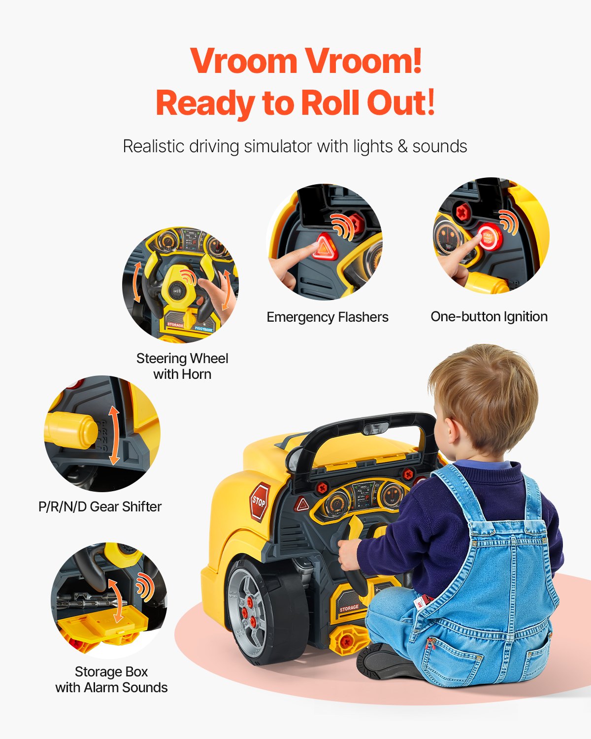 Engine Toy, 60 Pieces, Kids Mechanic Car Repair Set with Removable Parts, Lights and Sounds, Steering Wheel and Horn, Kids Mechanic Workshop Set for Toddler Ages 3 Years and Up, Yellow