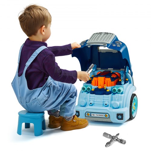 Engine Toy, 60 Pieces, Kids Mechanic Car Repair Set with Removable Parts, Lights and Sounds, Steering Wheel and Horn, Kids Mechanic Workshop Set for Toddler Ages 3 Years and Up, Blue