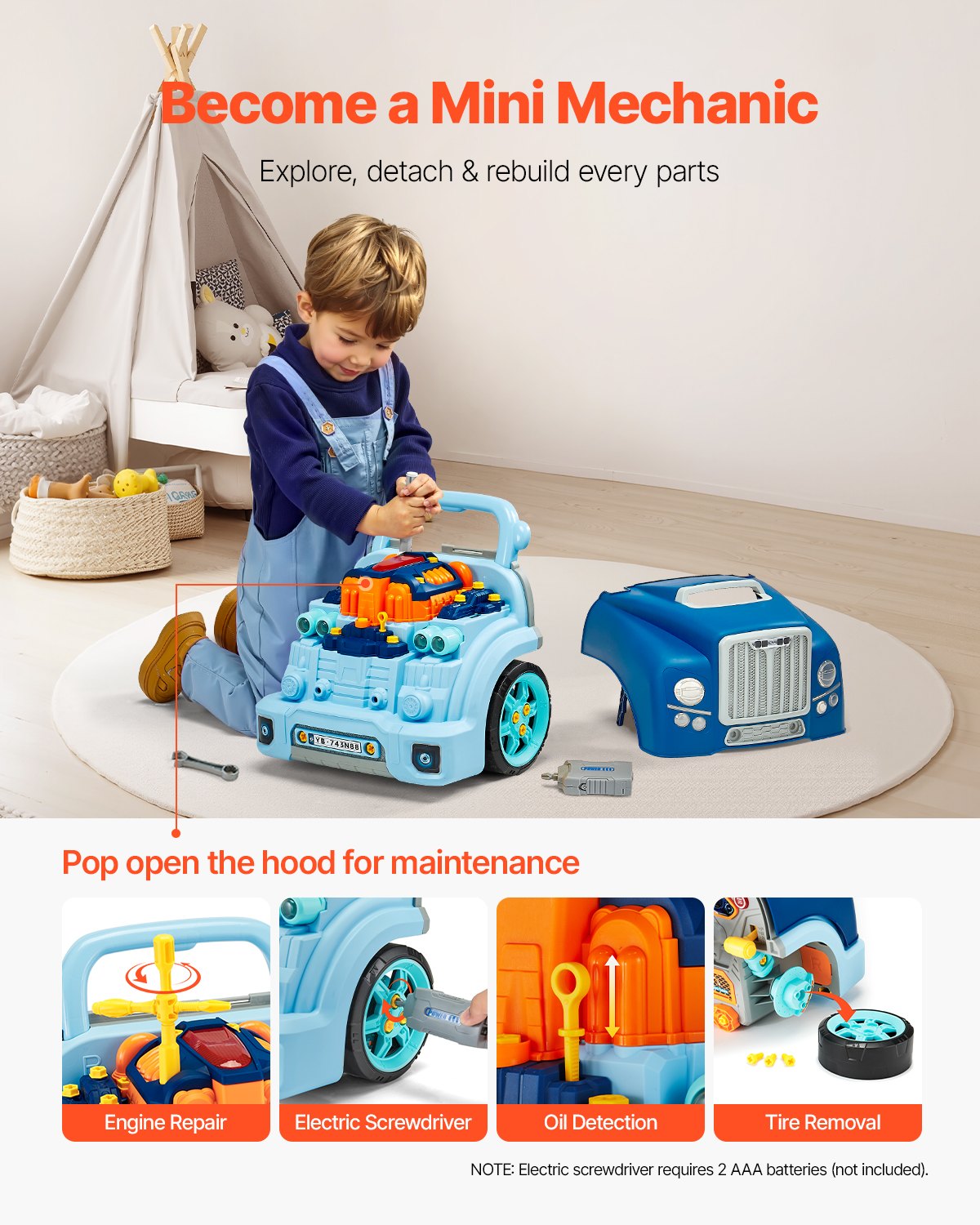 Engine Toy, 60 Pieces, Kids Mechanic Car Repair Set with Removable Parts, Lights and Sounds, Steering Wheel and Horn, Kids Mechanic Workshop Set for Toddler Ages 3 Years and Up, Blue
