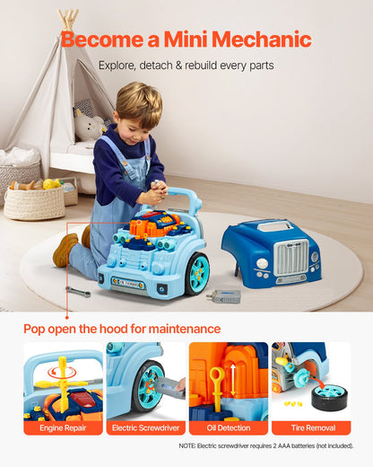 Engine Toy, 60 Pieces, Kids Mechanic Car Repair Set with Removable Parts, Lights and Sounds, Steering Wheel and Horn, Kids Mechanic Workshop Set for Toddler Ages 3 Years and Up, Blue