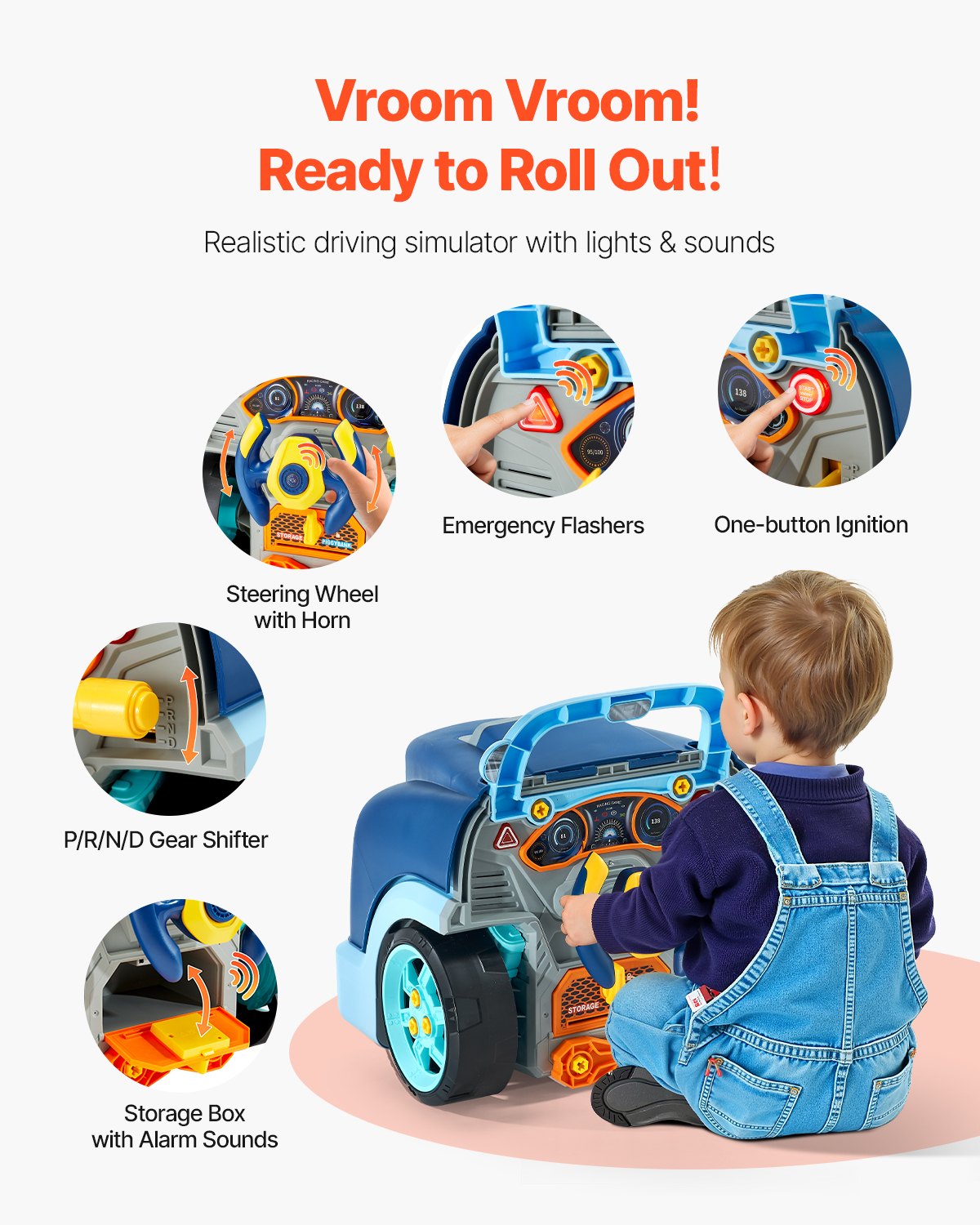 Engine Toy, 60 Pieces, Kids Mechanic Car Repair Set with Removable Parts, Lights and Sounds, Steering Wheel and Horn, Kids Mechanic Workshop Set for Toddler Ages 3 Years and Up, Blue