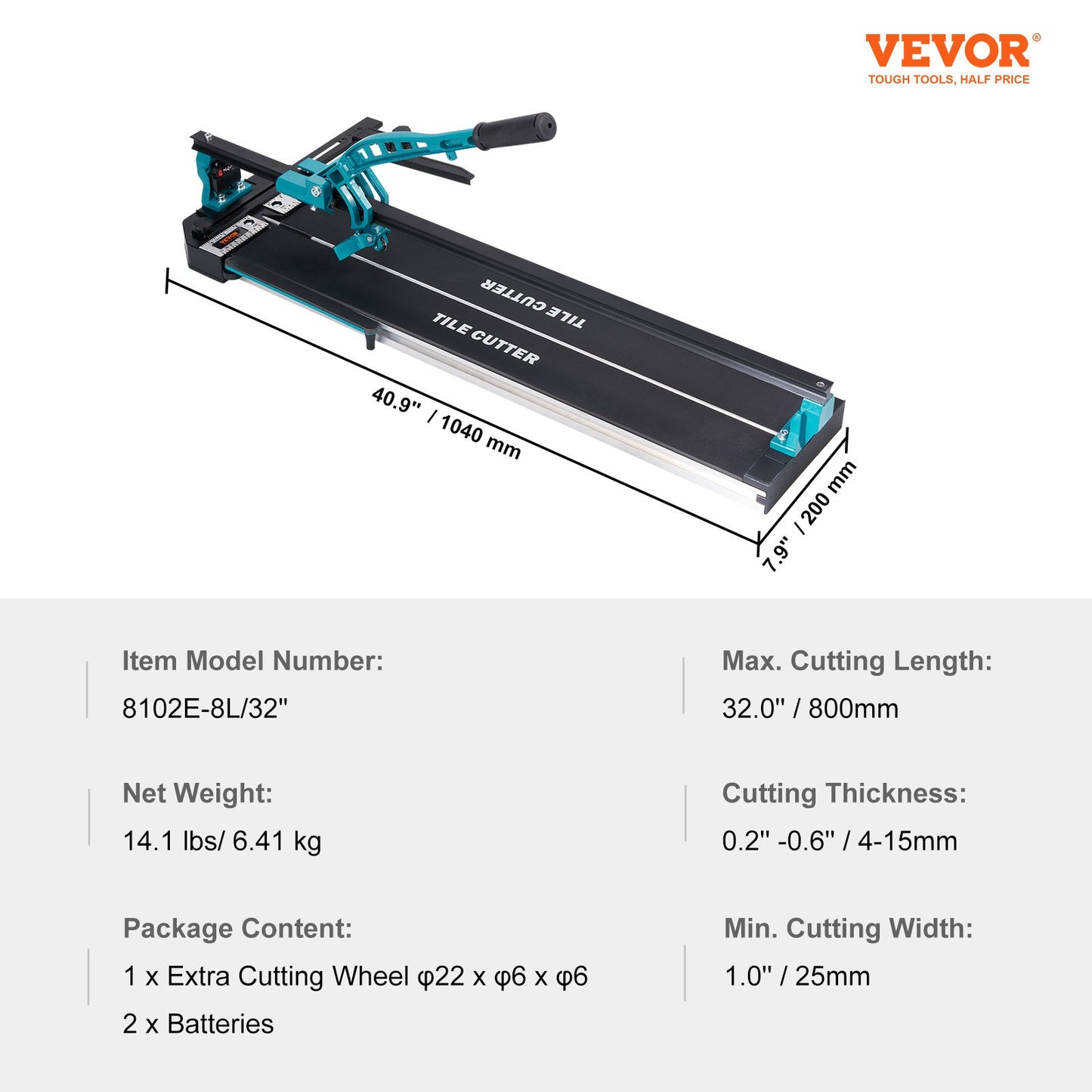 Manual tile cutter, 800 mm, porcelain ceramic tile cutter with carbide cutting wheel, infrared positioning, anti-slip feet, durable rails for professional installers or beginners