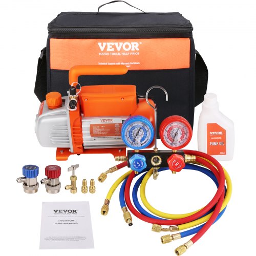 1/5 HP 3.5 CFM AC Vacuum Pump and Gauge Set, Single Stage Rotary Vane HVAC Air Vacuum Pump A/C Refrigerant Kit Manifold Gauge Set, with Three-Color Hose Carry Bag, Applicable to R134a, R410a
