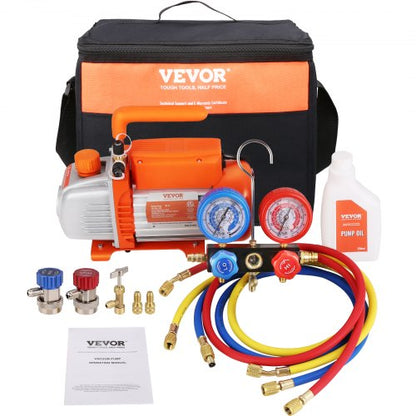 1/5 HP 3.5 CFM AC Vacuum Pump and Gauge Set, Single Stage Rotary Vane HVAC Air Vacuum Pump A/C Refrigerant Kit Manifold Gauge Set, with Three-Color Hose Carry Bag, Applicable to R134a, R410a