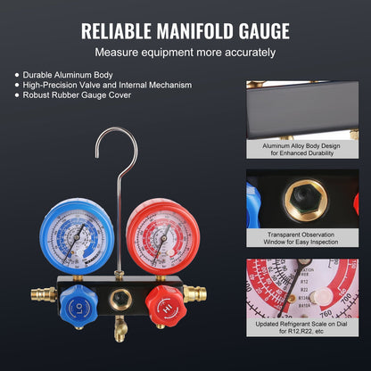 1/5 HP 3.5 CFM AC Vacuum Pump and Gauge Set, Single Stage Rotary Vane HVAC Air Vacuum Pump A/C Refrigerant Kit Manifold Gauge Set, with Three-Color Hose Carry Bag, Applicable to R134a, R410a