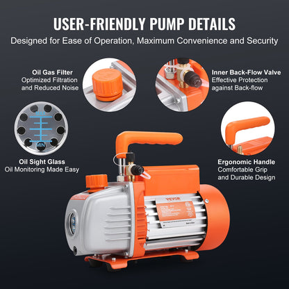 1/5 HP 3.5 CFM AC Vacuum Pump and Gauge Set, Single Stage Rotary Vane HVAC Air Vacuum Pump A/C Refrigerant Kit Manifold Gauge Set, with Three-Color Hose Carry Bag, Applicable to R134a, R410a