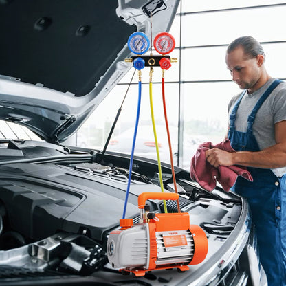 1/5 HP 3.5 CFM AC Vacuum Pump and Gauge Set, Single Stage Rotary Vane HVAC Air Vacuum Pump A/C Refrigerant Kit Manifold Gauge Set, with Three-Color Hose Carry Bag, Applicable to R134a, R410a