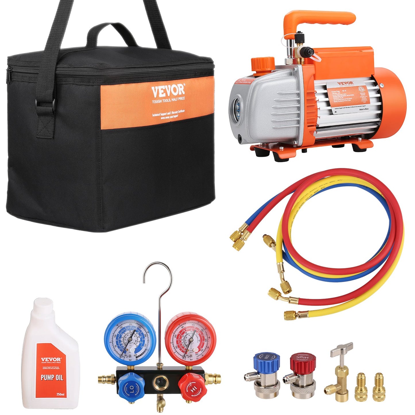 1/5 HP 3.5 CFM AC Vacuum Pump and Gauge Set, Single Stage Rotary Vane HVAC Air Vacuum Pump A/C Refrigerant Kit Manifold Gauge Set, with Three-Color Hose Carry Bag, Applicable to R134a, R410a