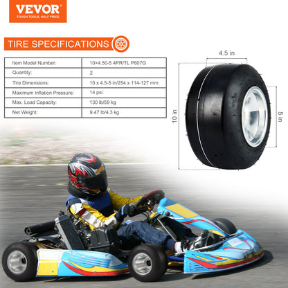 Go Kart Tires and Rims, 10x4.5-5" Go Kart Wheels, 2-Pack Front Wheels, Aluminum Alloy Rims and Rubber Tires, Hub-Rim Fit Bolt Pattern 1.57 inch with 3 Bolt Holes, Replacement Pneumatic Tire